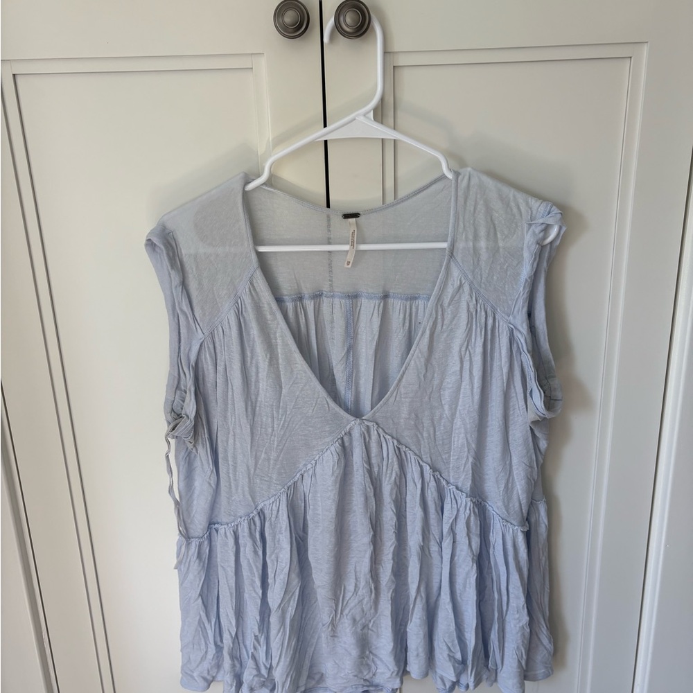 Free People Blue Ruffled V-Neck Blouse